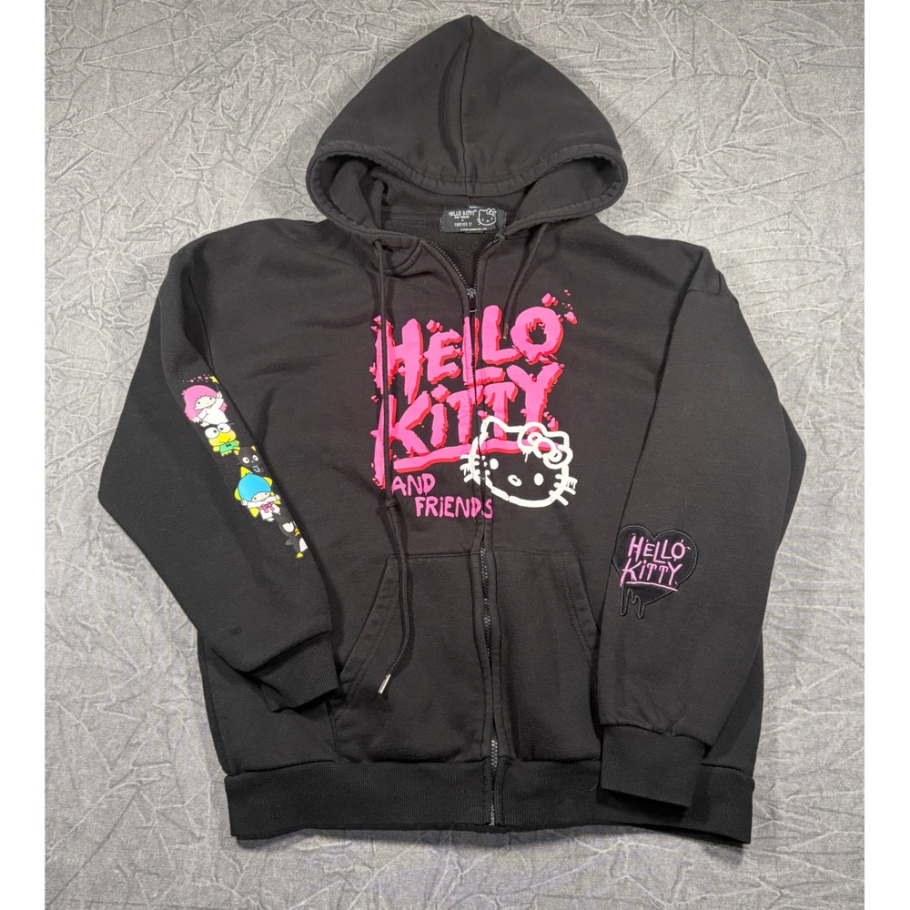 Forever 21 Hoodie Womens L Black Hello Kitty Sanrio Zip Up Graphic Streetwear